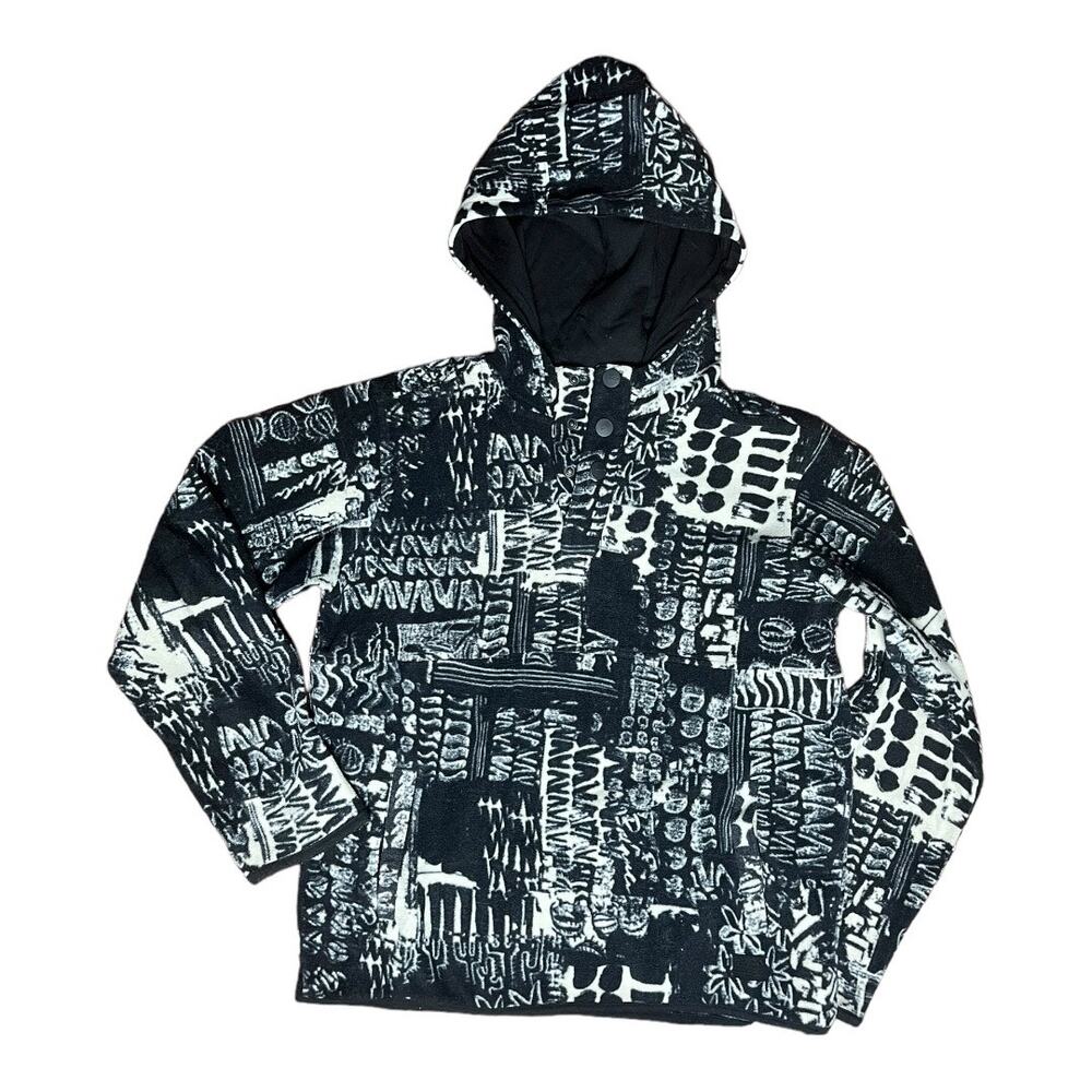 RVCA fleece hoodie black white pattern pockets snap collar boys fit XL